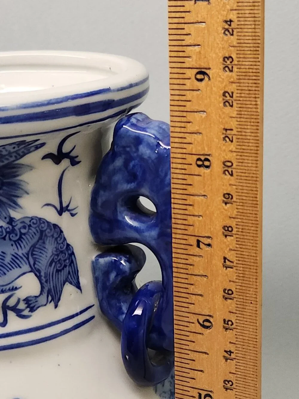 Chinese Blue and White Two Handled Vase / Hand Painted / 9 Inches Tall